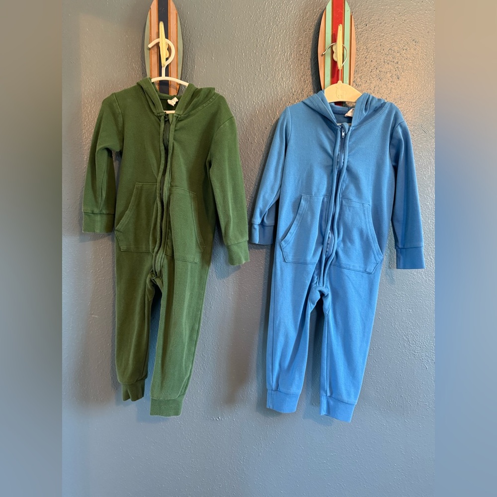 *Two* Little One Shop zippered one piece sweatsuits (green & blue)